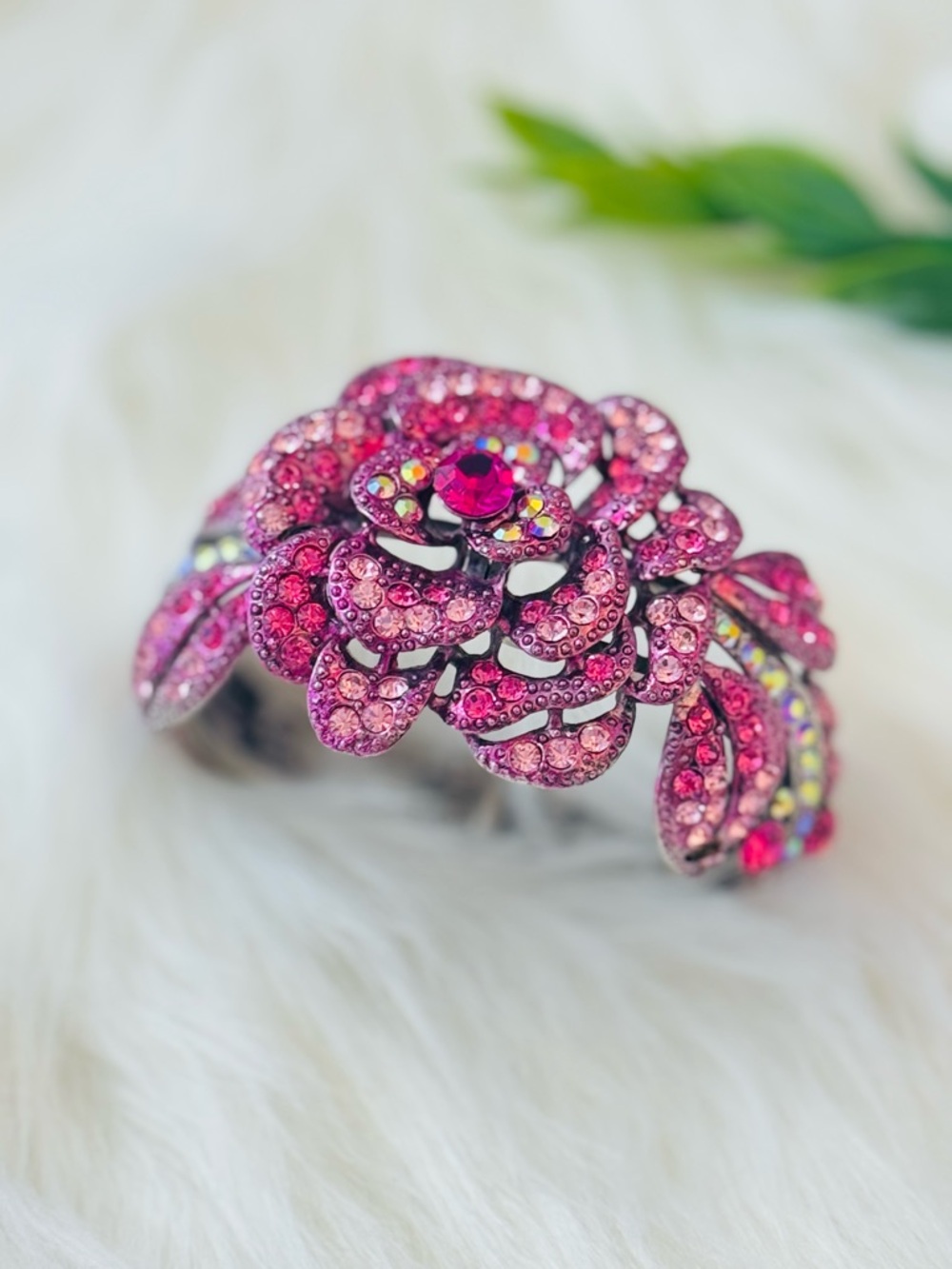 Pink Crystal Hinged Bangle Bracelet Sparkly FairyCore Garden Party Statement